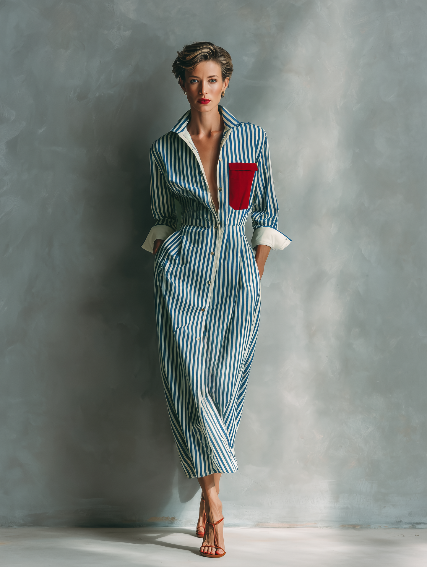 Black And White - A woman wearing a blue and white vertically striped cotton maxi shirt dress with a contrasting red chest pocket, pointed collar, button-down front, and rolled-up white cuffs.