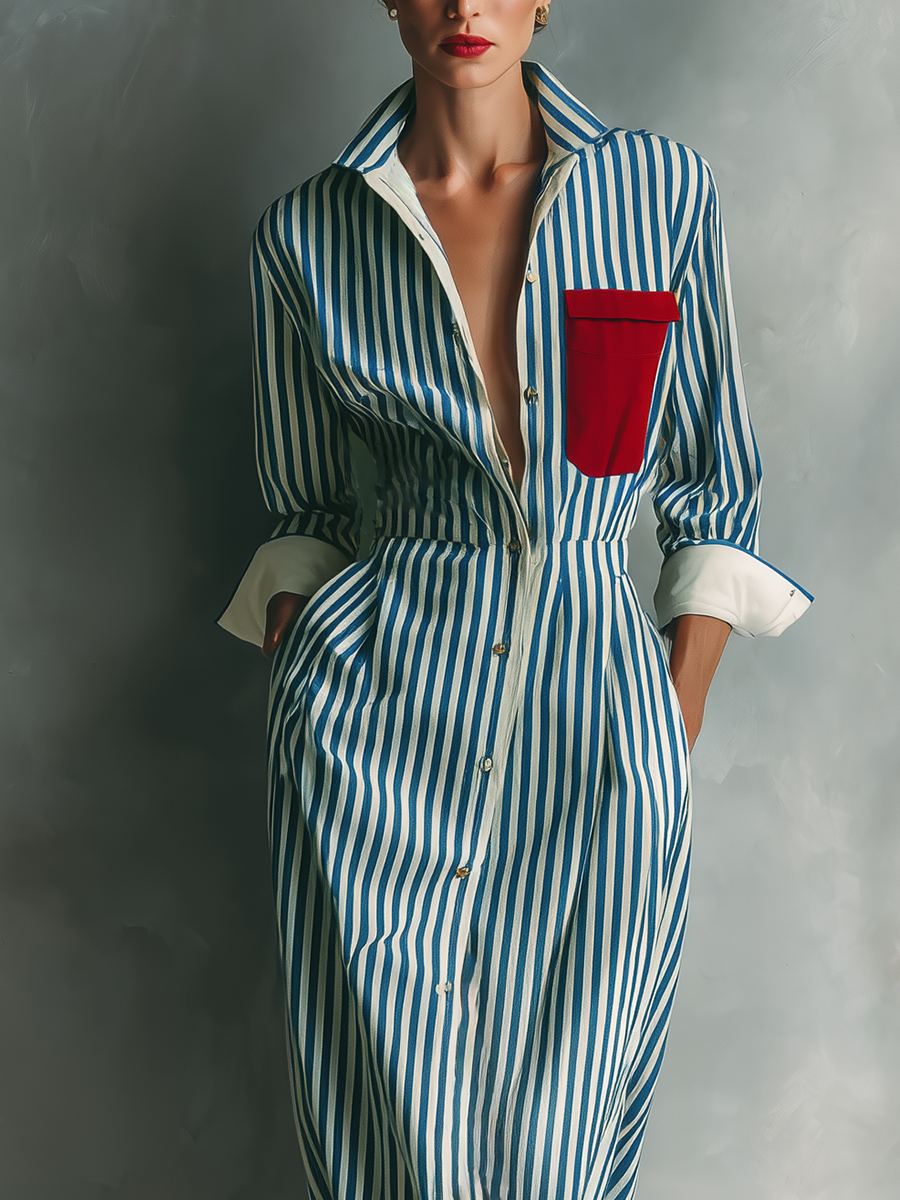 Black And White - A woman wearing a blue and white vertically striped cotton maxi shirt dress with a contrasting red chest pocket, pointed collar, button-down front, and rolled-up white cuffs.
