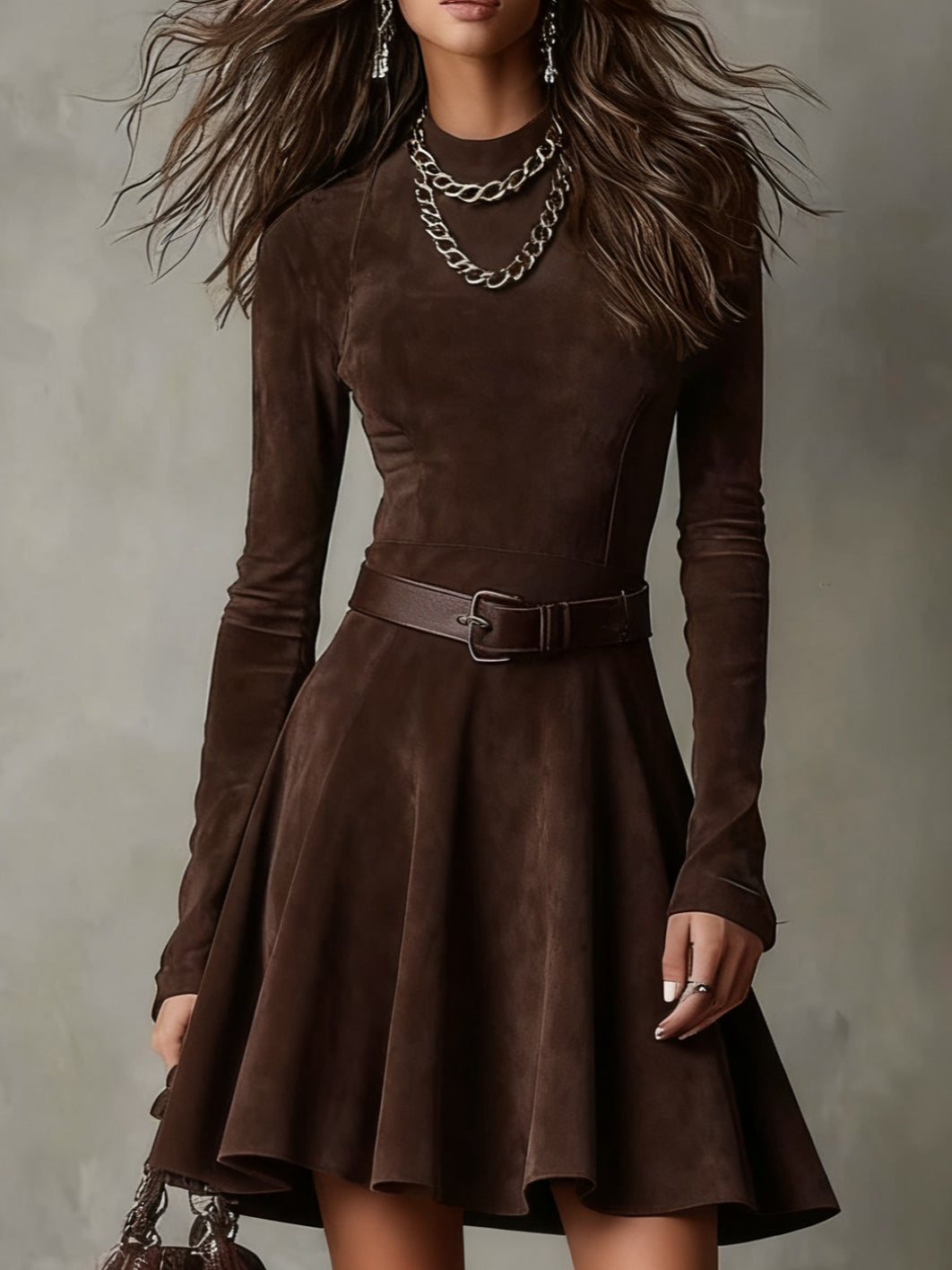 UK 18 (2XL) - Woman wearing a suede long sleeve A-line mini dress with a matching waist belt and flared skirt.
