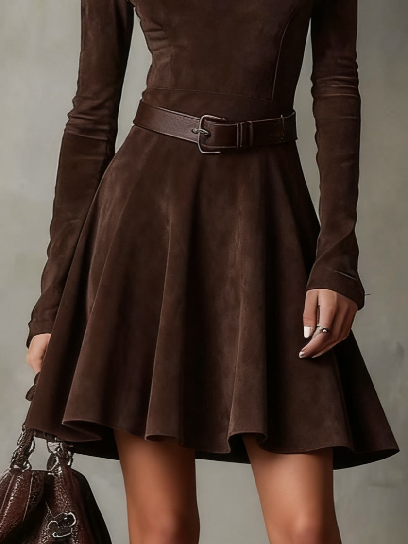 UK 18 (2XL) - Woman wearing a suede long sleeve A-line mini dress with a matching waist belt and flared skirt.