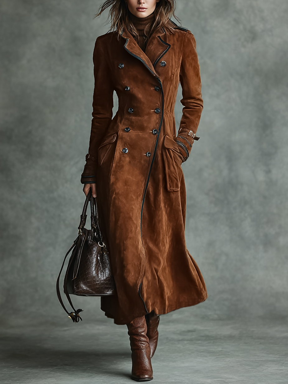 Dark Brown - A woman wearing a long, double-breasted brown suede trench coat with dark contrast piping, featuring a tailored waist, notch lapels, and flap pockets.