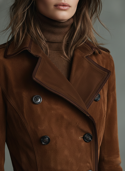 Dark Brown - A woman wearing a long, double-breasted brown suede trench coat with dark contrast piping, featuring a tailored waist, notch lapels, and flap pockets.