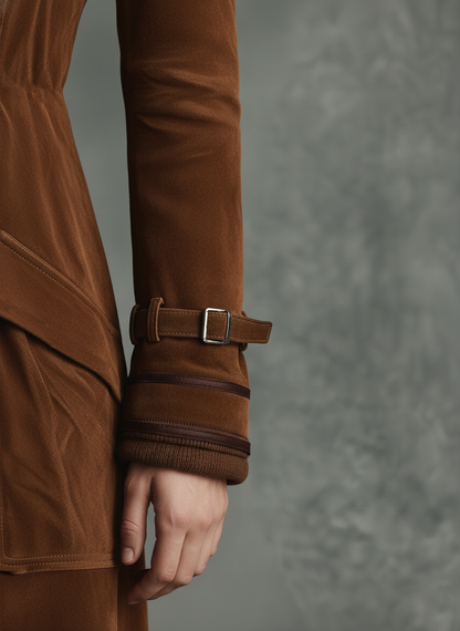 Dark Brown - A woman wearing a long, double-breasted brown suede trench coat with dark contrast piping, featuring a tailored waist, notch lapels, and flap pockets.