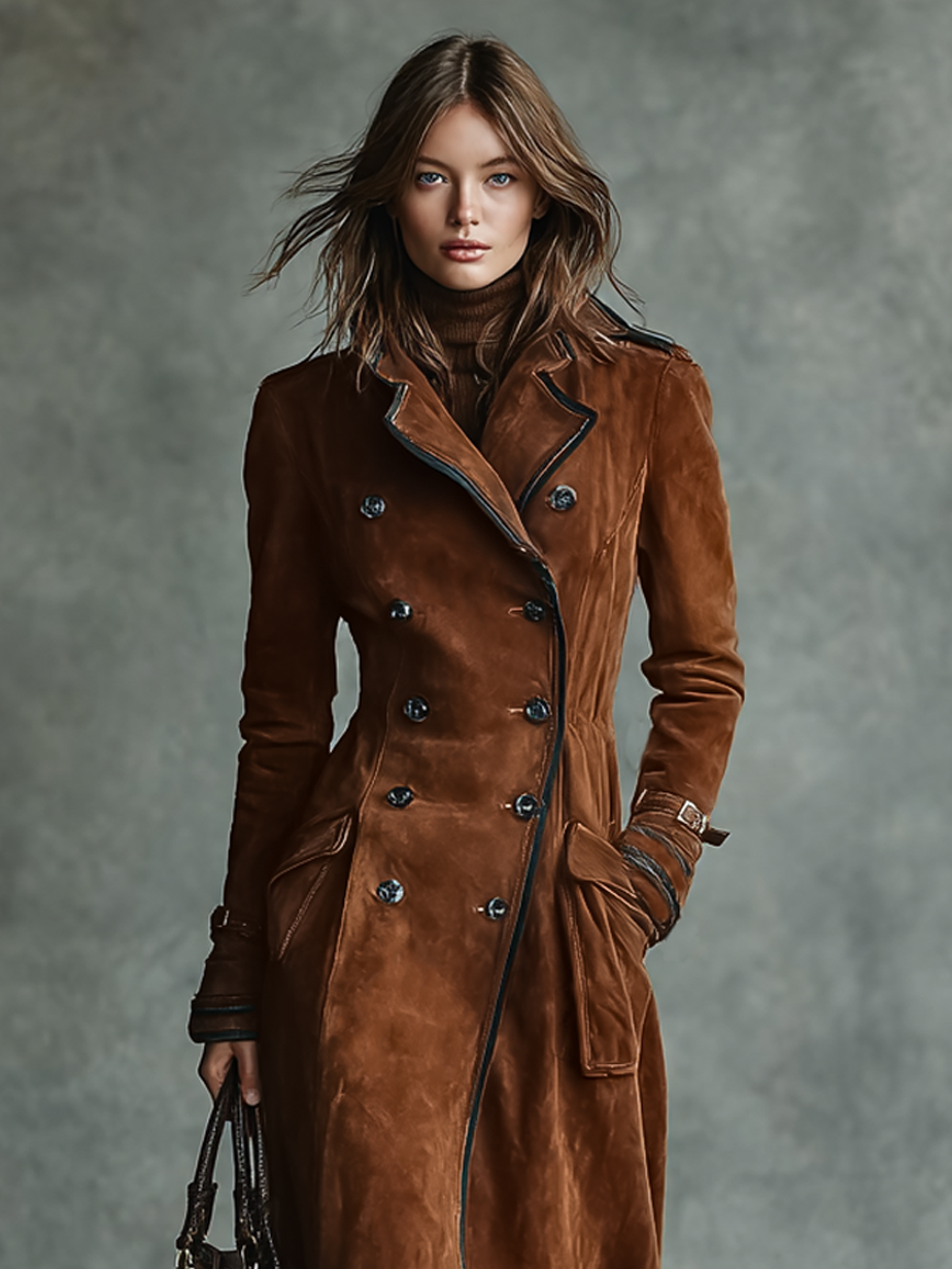 Dark Brown - A woman wearing a long, double-breasted brown suede trench coat with dark contrast piping, featuring a tailored waist, notch lapels, and flap pockets.