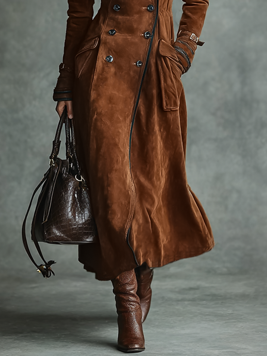 Dark Brown - A woman wearing a long, double-breasted brown suede trench coat with dark contrast piping, featuring a tailored waist, notch lapels, and flap pockets.