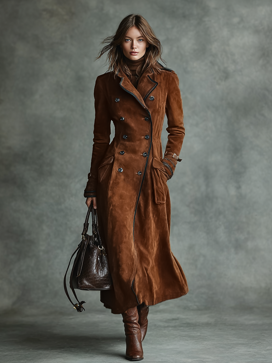 Dark Brown - A woman wearing a long, double-breasted brown suede trench coat with dark contrast piping, featuring a tailored waist, notch lapels, and flap pockets.