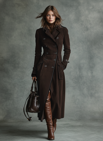 Coffee - A woman wearing a long, double-breasted brown suede trench coat with dark contrast piping, featuring a tailored waist, notch lapels, and flap pockets.