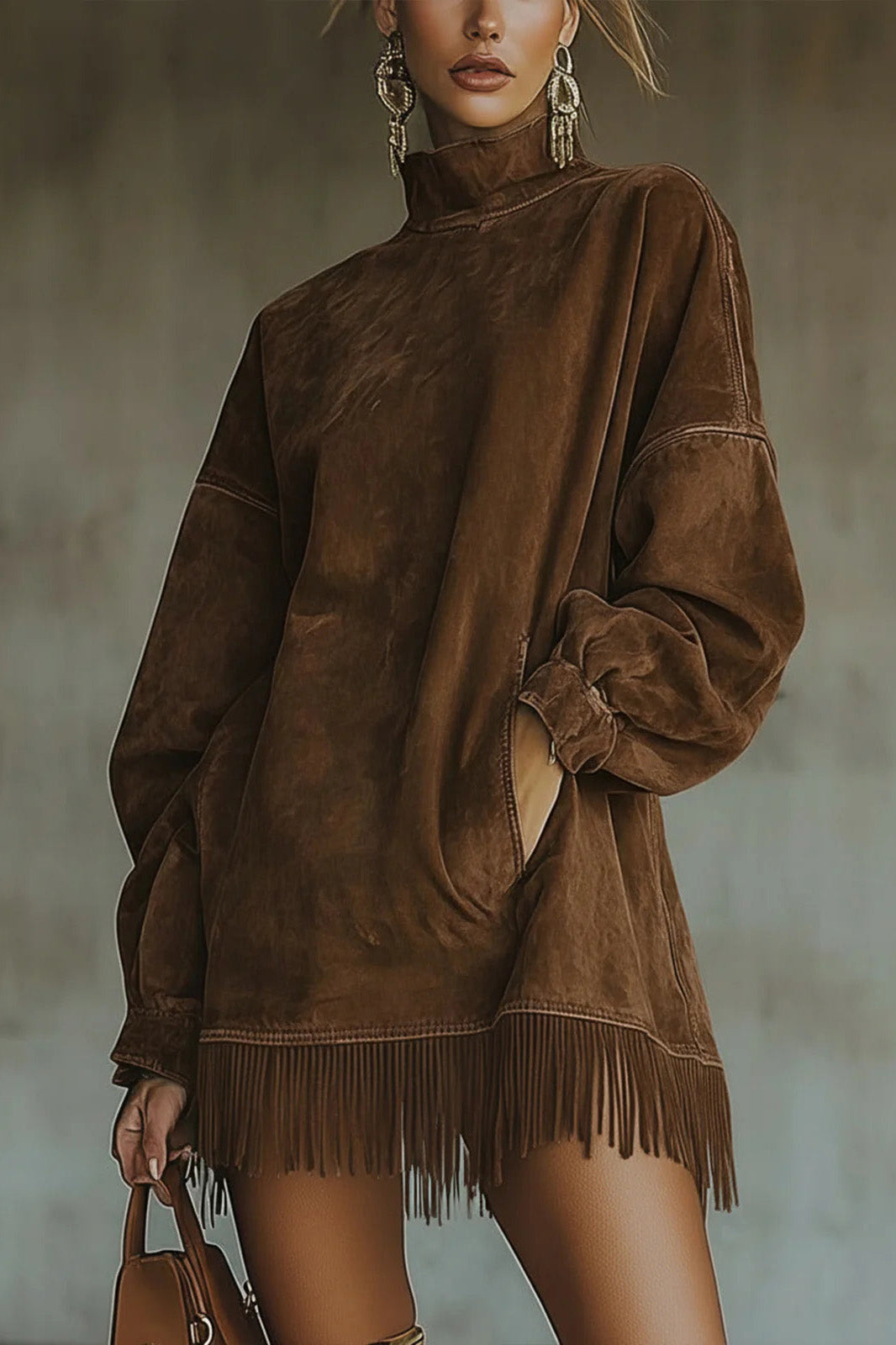 Model wearing a relaxed fit faux-suede mini dress featuring a high turtleneck, dropped long sleeves, front pockets, and a long fringe hemline.