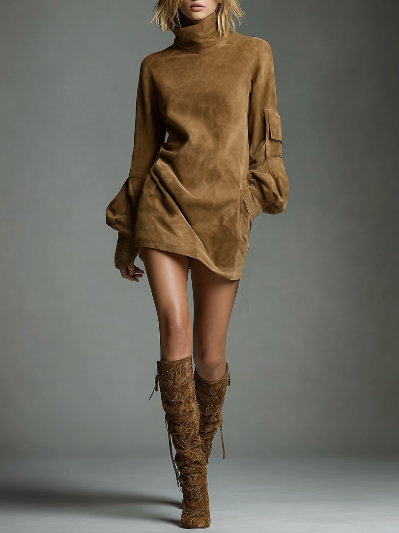 Brown - A model wears a tan-coloured brushed suede mini dress with a high funnel neck, voluminous long balloon sleeves featuring a utility pocket, and a relaxed shift silhouette, paired with textured knee-high boots.