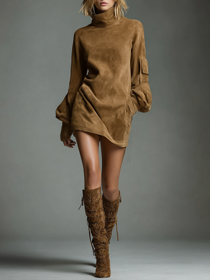 Brown - A model wears a tan-coloured brushed suede mini dress with a high funnel neck, voluminous long balloon sleeves featuring a utility pocket, and a relaxed shift silhouette, paired with textured knee-high boots.