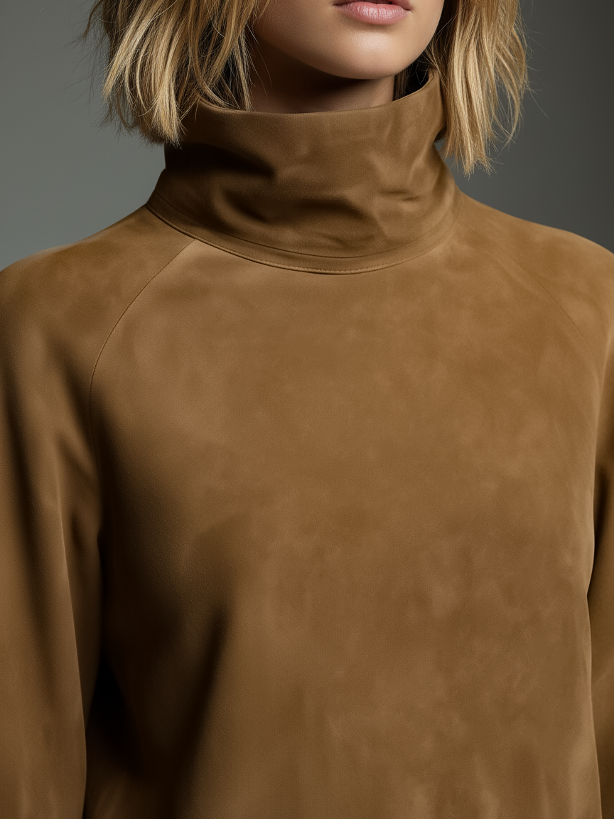 Brown - A model wears a tan-coloured brushed suede mini dress with a high funnel neck, voluminous long balloon sleeves featuring a utility pocket, and a relaxed shift silhouette, paired with textured knee-high boots.