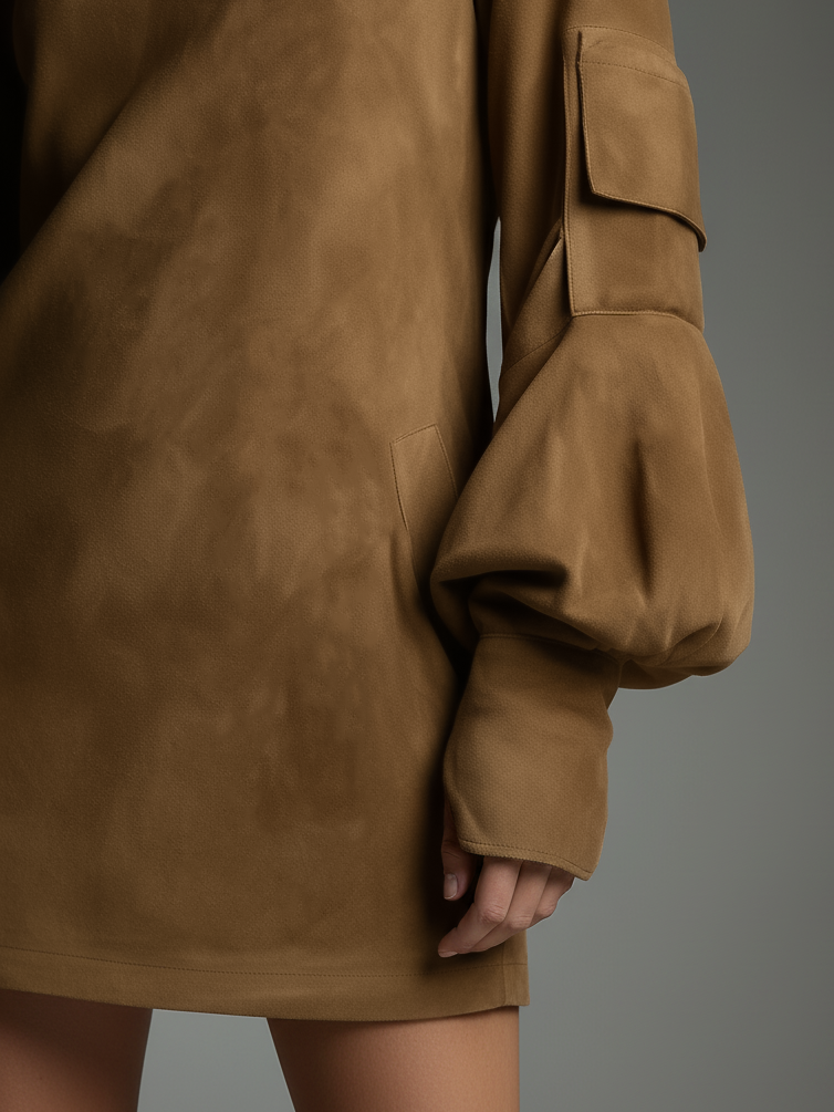 Brown - A model wears a tan-coloured brushed suede mini dress with a high funnel neck, voluminous long balloon sleeves featuring a utility pocket, and a relaxed shift silhouette, paired with textured knee-high boots.