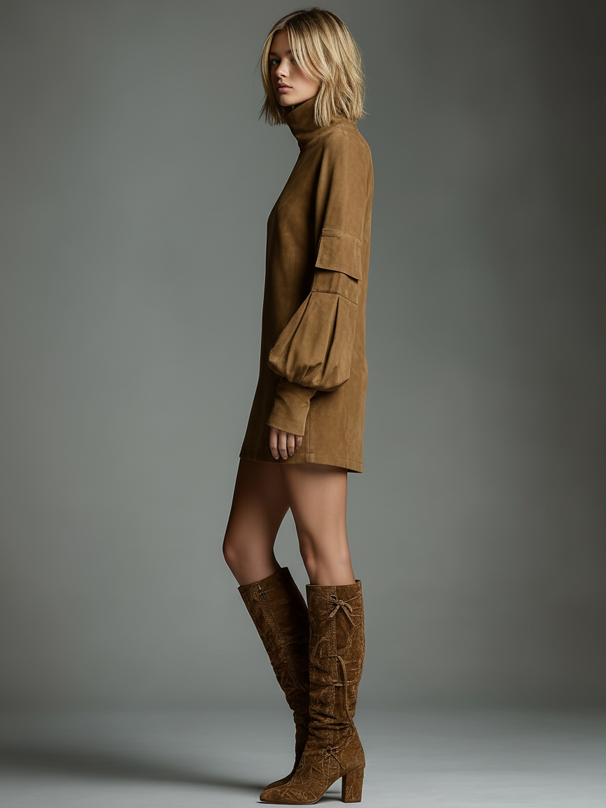 Brown - A model wears a tan-coloured brushed suede mini dress with a high funnel neck, voluminous long balloon sleeves featuring a utility pocket, and a relaxed shift silhouette, paired with textured knee-high boots.