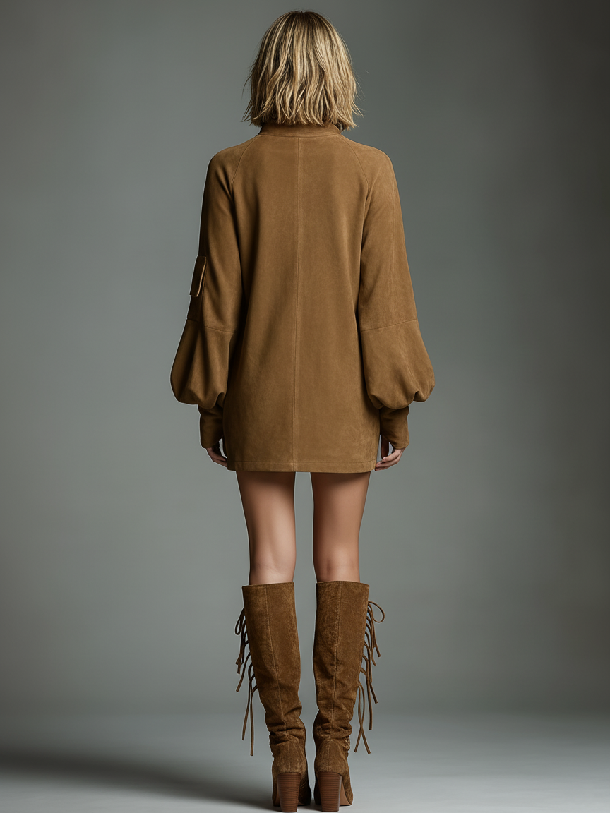 Brown - A model wears a tan-coloured brushed suede mini dress with a high funnel neck, voluminous long balloon sleeves featuring a utility pocket, and a relaxed shift silhouette, paired with textured knee-high boots.