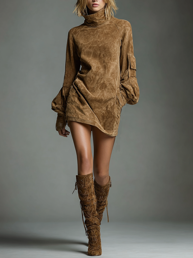 Brown - A model wears a tan-coloured brushed suede mini dress with a high funnel neck, voluminous long balloon sleeves featuring a utility pocket, and a relaxed shift silhouette, paired with textured knee-high boots.