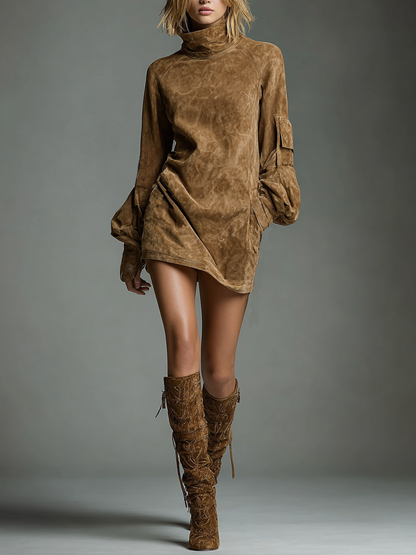 Brown - A model wears a tan-coloured brushed suede mini dress with a high funnel neck, voluminous long balloon sleeves featuring a utility pocket, and a relaxed shift silhouette, paired with textured knee-high boots.