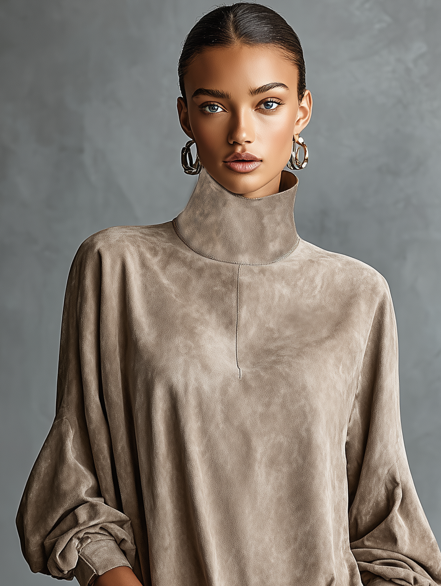 Khaki - A model wearing a taupe suede-textured high-neck mini dress with long balloon sleeves, featuring her hand in a side pocket, accessorised with gold hoop earrings and a woven shoulder bag.
