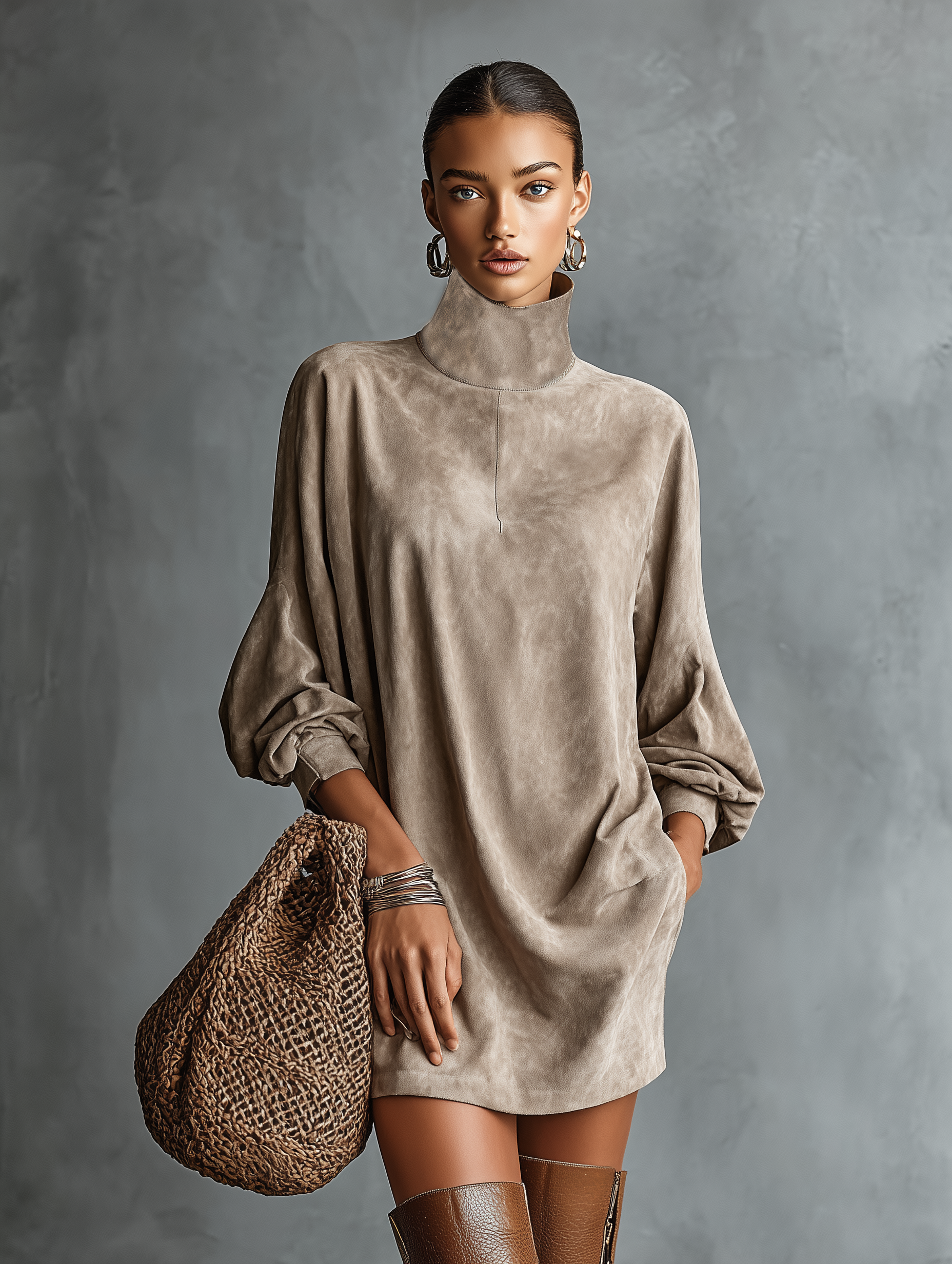 Khaki - A model wearing a taupe suede-textured high-neck mini dress with long balloon sleeves, featuring her hand in a side pocket, accessorised with gold hoop earrings and a woven shoulder bag.