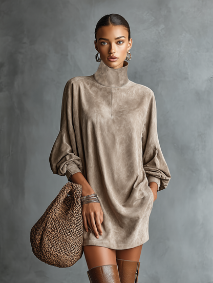 Khaki - A model wearing a taupe suede-textured high-neck mini dress with long balloon sleeves, featuring her hand in a side pocket, accessorised with gold hoop earrings and a woven shoulder bag.