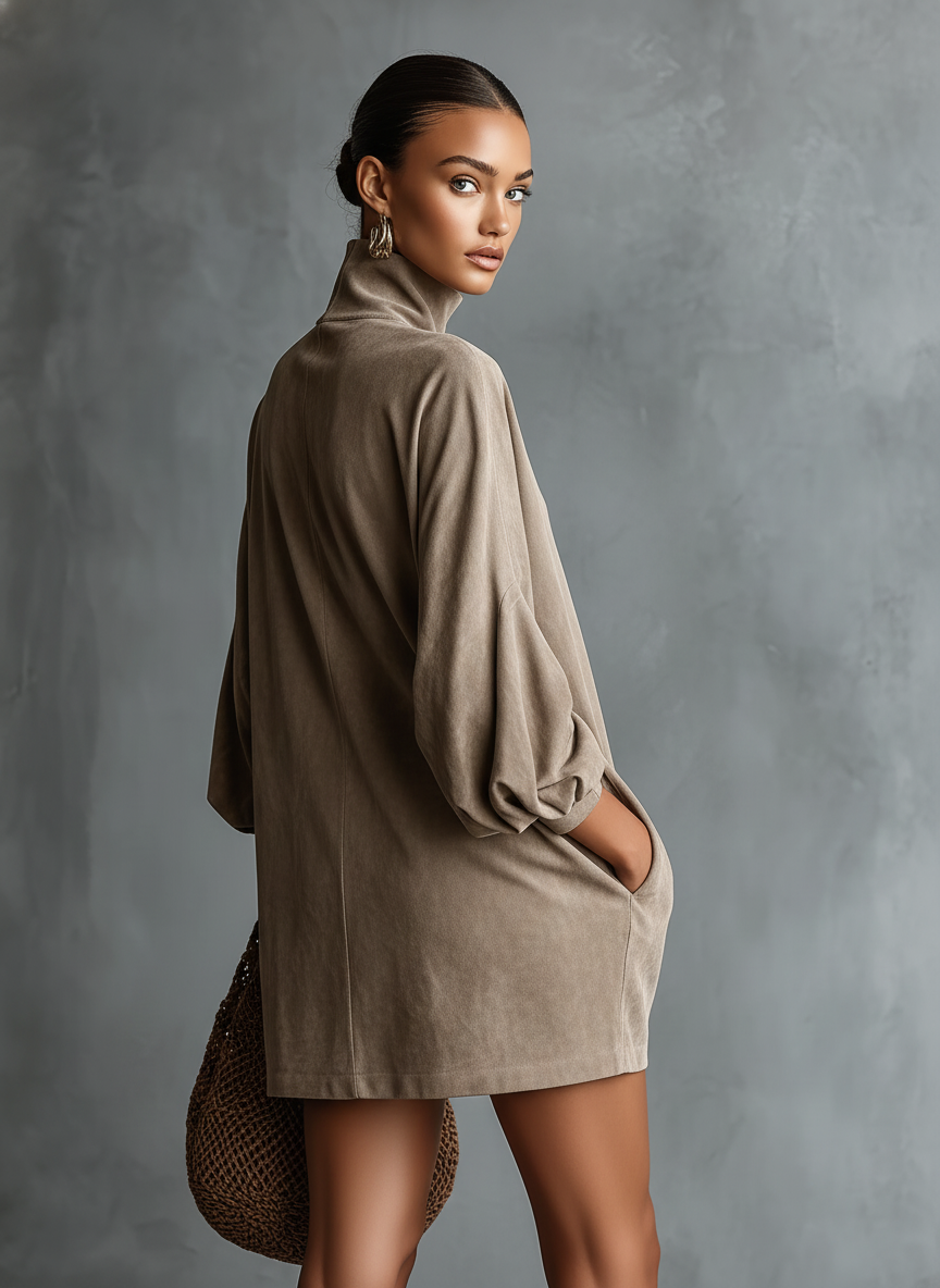 Khaki - A model wearing a taupe suede-textured high-neck mini dress with long balloon sleeves, featuring her hand in a side pocket, accessorised with gold hoop earrings and a woven shoulder bag.