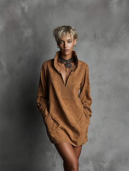 Brown - A model wears a tan suede-textured mini dress featuring a high stand collar, a deep V-neckline with embroidered border detailing, long sleeves, and side pockets against a textured grey background.