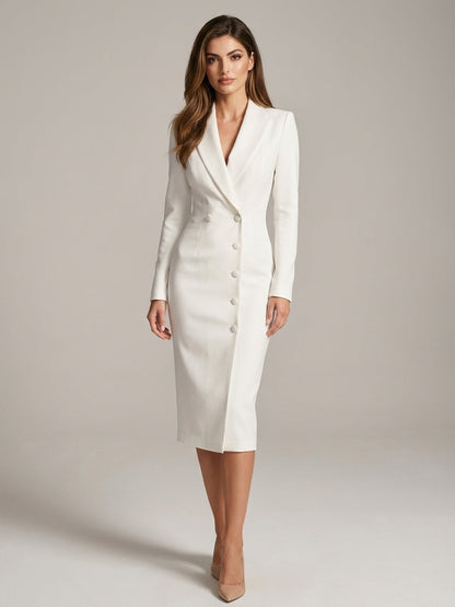 White - A woman wearing a structured, long-sleeve off-white crepe midi blazer dress with a notched lapel collar and double-breasted button closure.