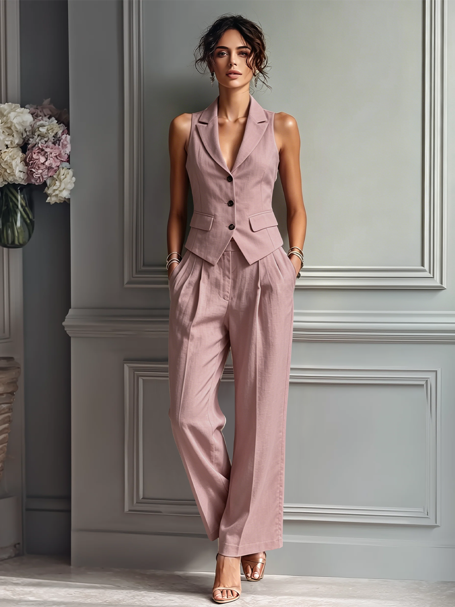 Blush Pink - A woman posing in a dusty pink tailored two-piece set featuring a sleeveless button-up waistcoat with lapels and matching high-waisted wide-leg trousers.