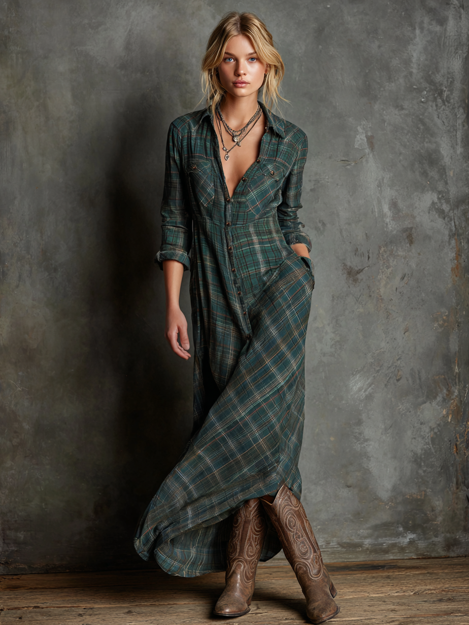 Green - A woman wearing a green and brown tartan plaid maxi shirt dress with a button-down front, long sleeves rolled up, and chest pockets, paired with brown leather cowboy boots against a textured grey wall.