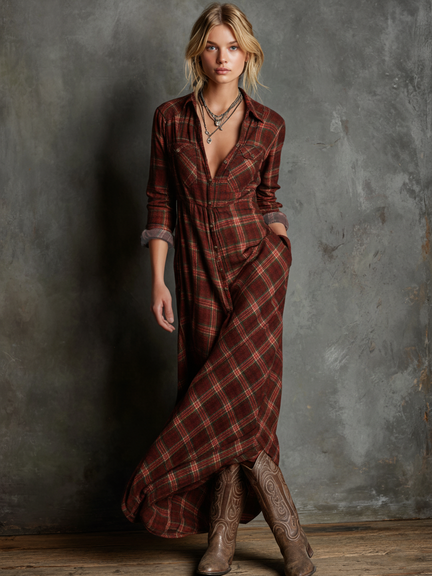 Red - A woman wearing a green and brown tartan plaid maxi shirt dress with a button-down front, long sleeves rolled up, and chest pockets, paired with brown leather cowboy boots against a textured grey wall.