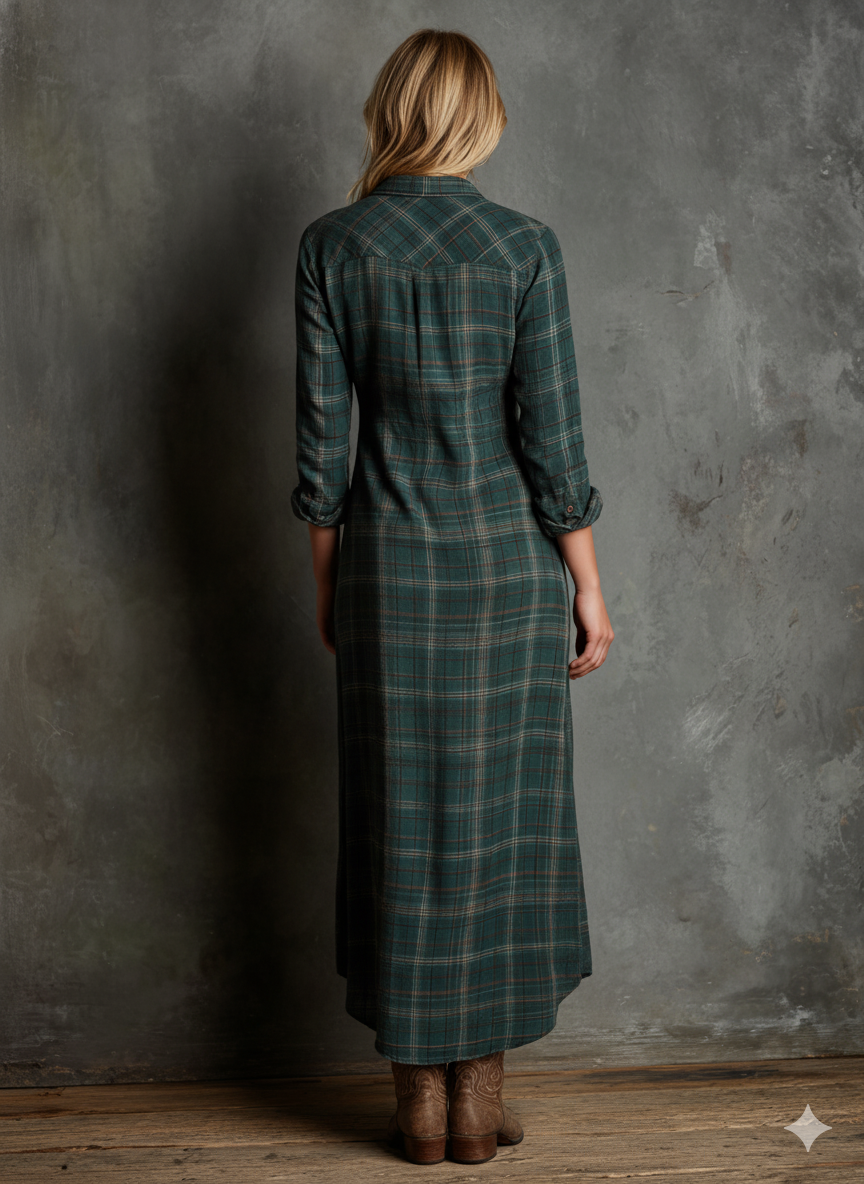 Red - A woman wearing a green and brown tartan plaid maxi shirt dress with a button-down front, long sleeves rolled up, and chest pockets, paired with brown leather cowboy boots against a textured grey wall.