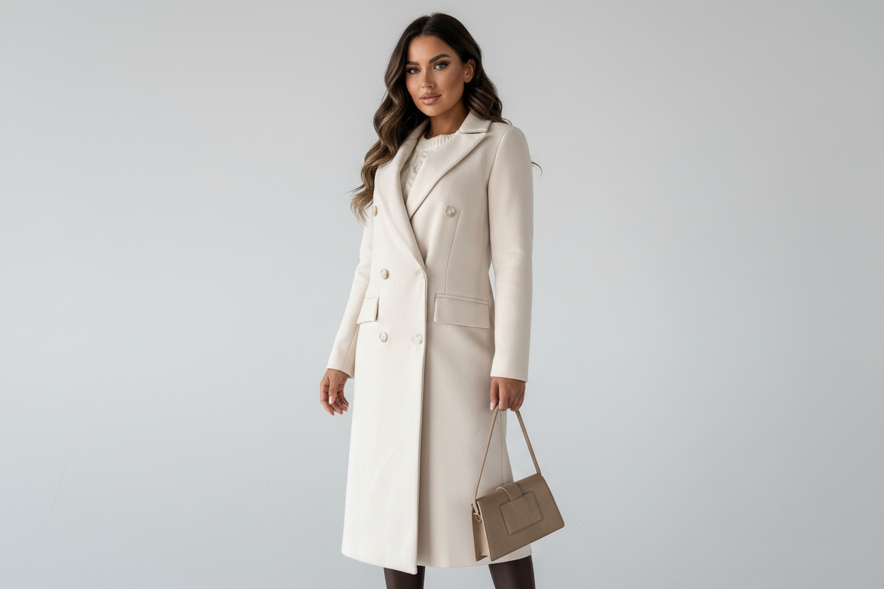 Beige - A woman wearing a cream-coloured, double-breasted longline coat with notched lapels and flap pockets, styled with a cream knit sweater and holding a beige leather handbag.