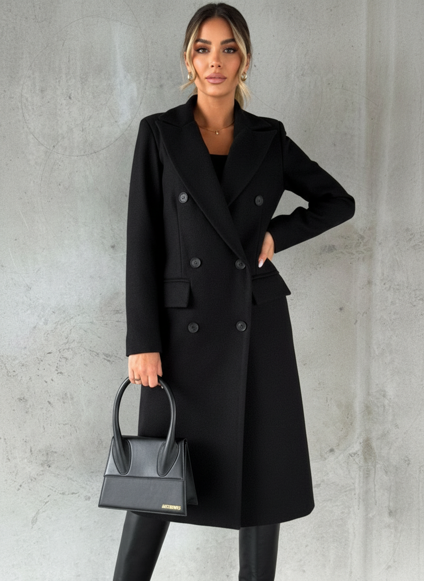Black - A woman wearing a cream-coloured, double-breasted longline coat with notched lapels and flap pockets, styled with a cream knit sweater and holding a beige leather handbag.