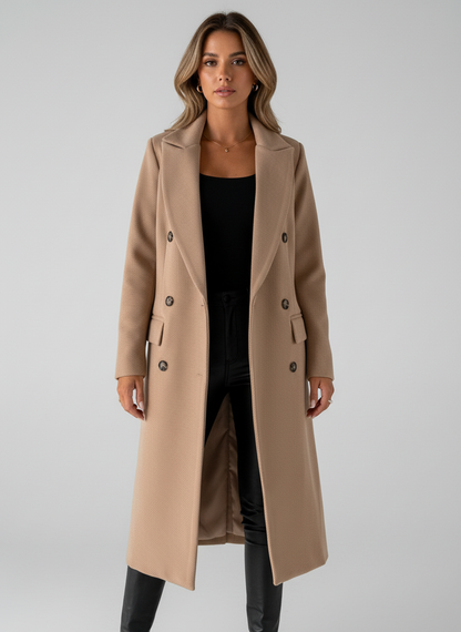 Brown - A woman wearing a cream-coloured, double-breasted longline coat with notched lapels and flap pockets, styled with a cream knit sweater and holding a beige leather handbag.