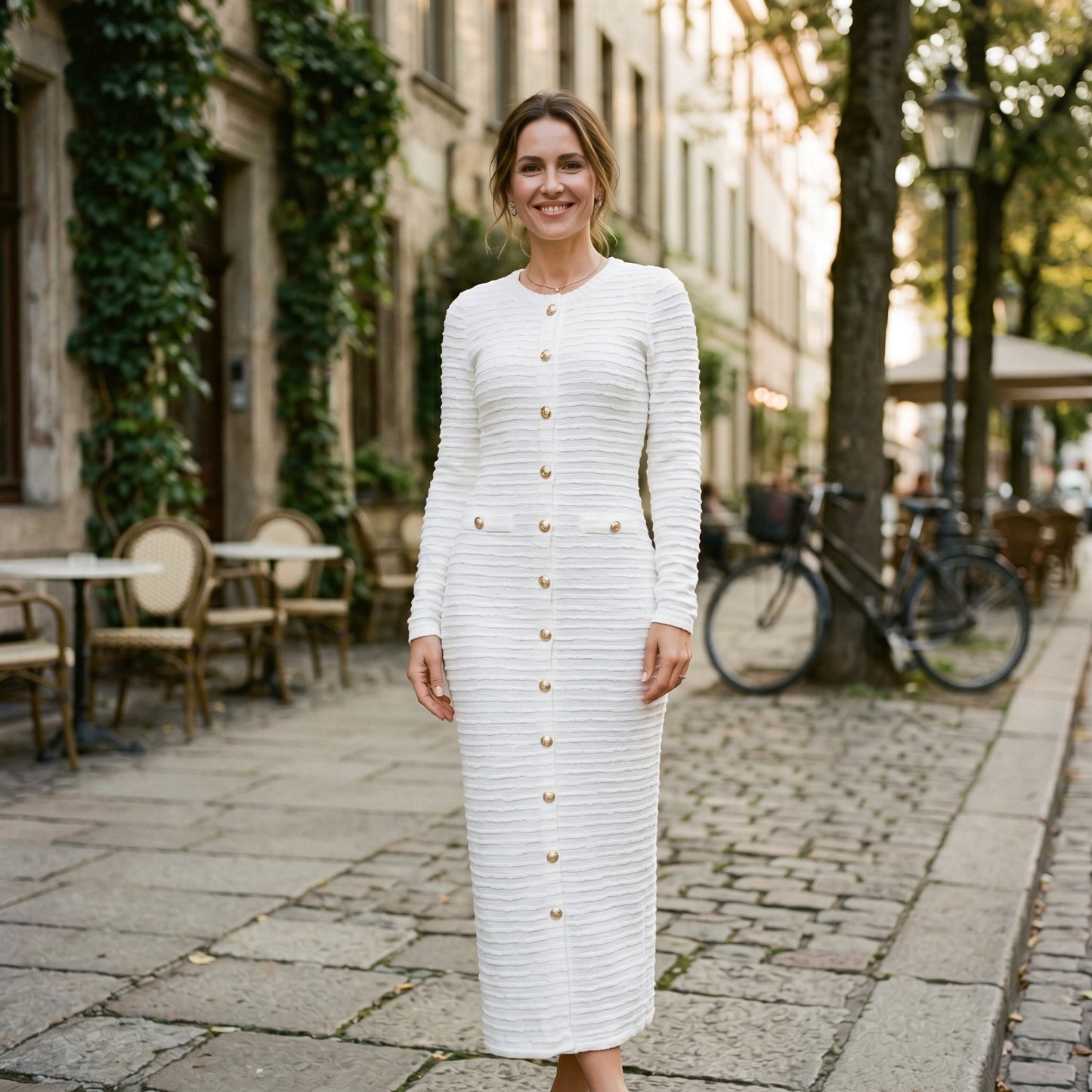 Black - A woman wearing a long-sleeve black textured knit column midi dress featuring gold-tone buttons down the front and a pointelle hem, set against a plain white background.