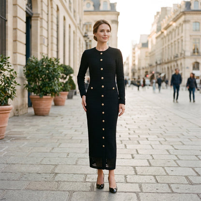 Black - A woman wearing a long-sleeve black textured knit column midi dress featuring gold-tone buttons down the front and a pointelle hem, set against a plain white background.
