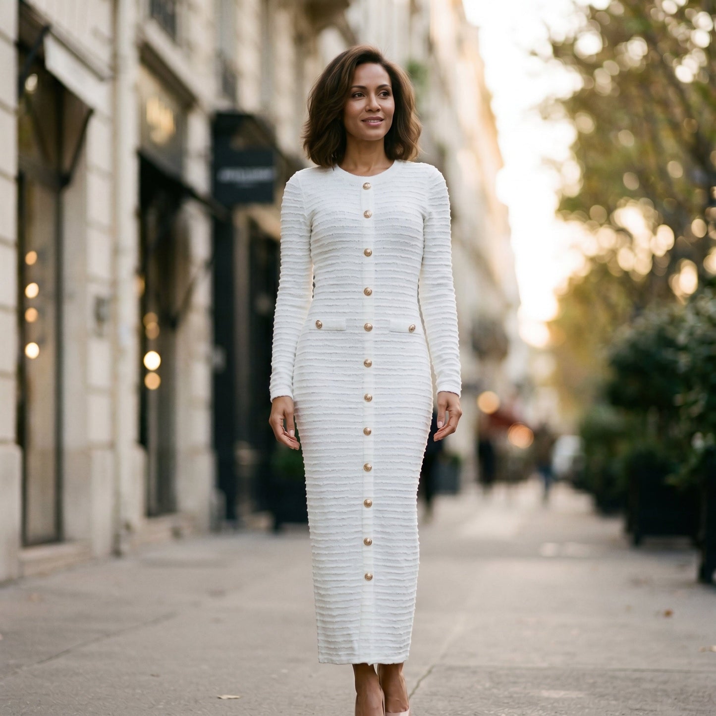 Black - A woman wearing a long-sleeve black textured knit column midi dress featuring gold-tone buttons down the front and a pointelle hem, set against a plain white background.