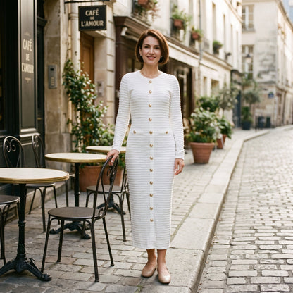 Black - A woman wearing a long-sleeve black textured knit column midi dress featuring gold-tone buttons down the front and a pointelle hem, set against a plain white background.