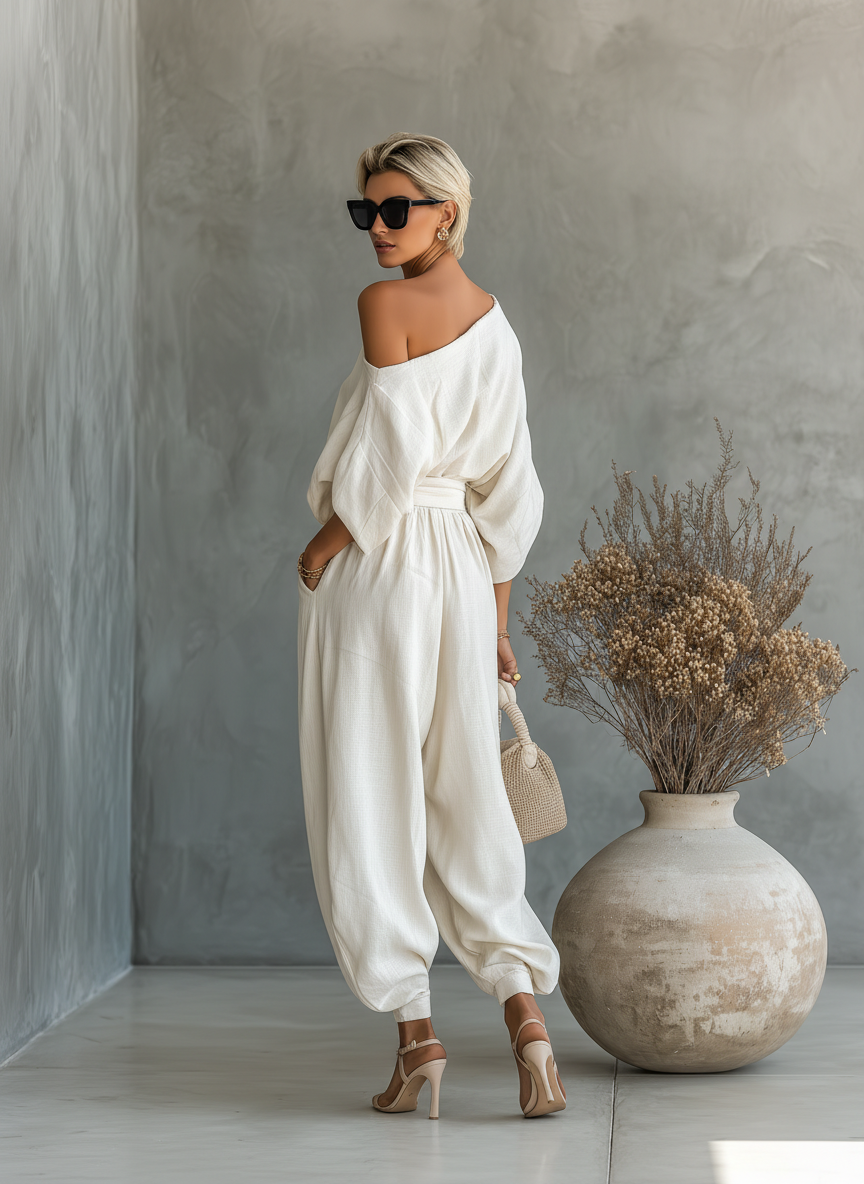 Off-white - A woman wearing an elegant cream-coloured, textured linen one-shoulder jumpsuit with a draped balloon sleeve, structured waistband, and voluminous tapered trousers.