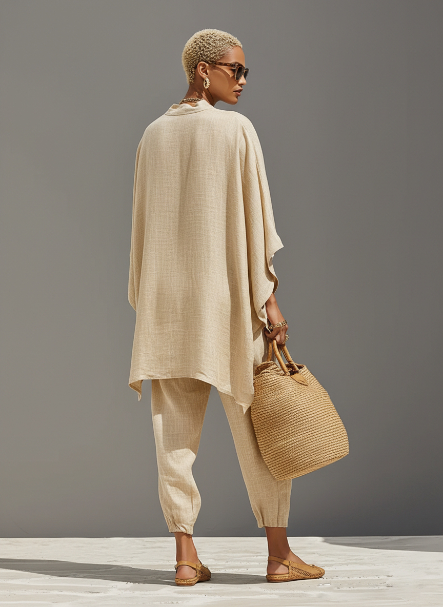 Grey - A woman walking in a minimalist textured beige linen two-piece set featuring an oversized split-neck tunic with wide dolman sleeves and matching relaxed tapered trousers, accessorised with a woven straw tote bag.