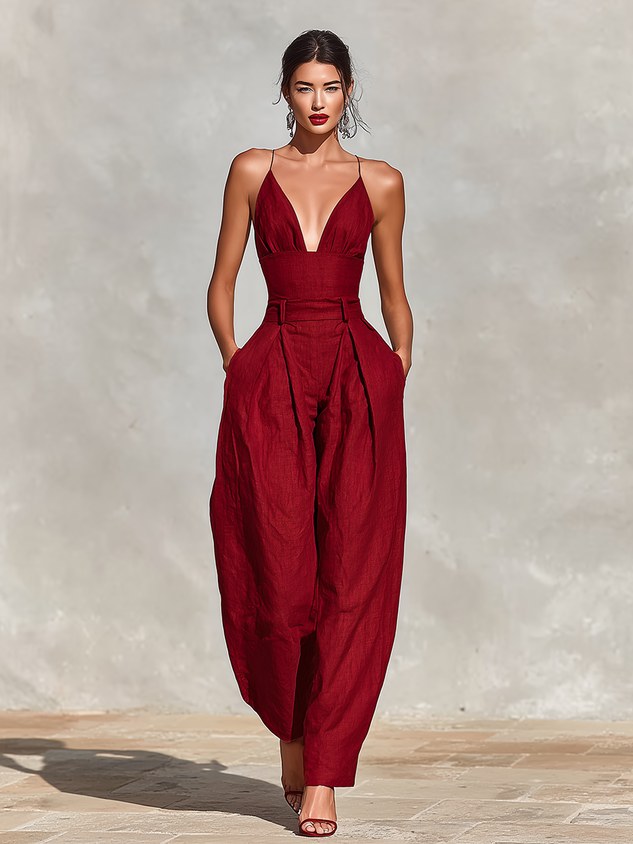 Red - A model wearing a deep red, textured linen wide-leg jumpsuit featuring a plunging V-neckline, structured high waist, and pleated trousers.