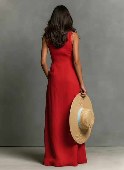 Red - A woman wearing a sleeveless red maxi dress with a point collar, button-down front, and side pockets, holding a wide-brimmed straw hat.