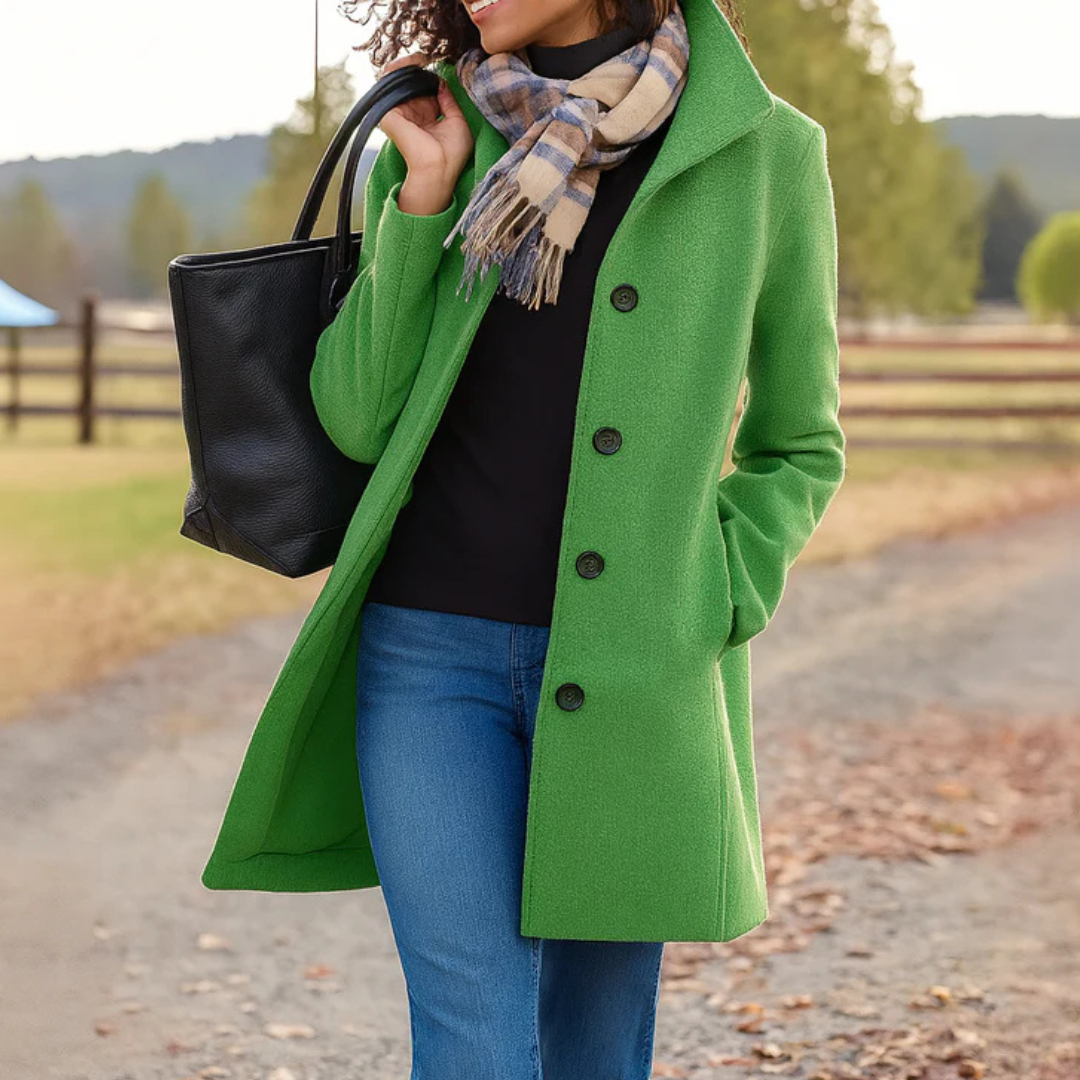Light green - A woman walking outdoors wearing a camel-coloured, mid-length textured coat with a stand collar and single-breasted button closure, styled with blue jeans and a scarf.