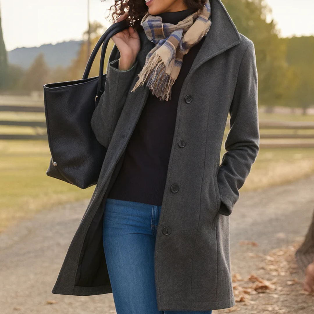 Gray - A woman walking outdoors wearing a camel-coloured, mid-length textured coat with a stand collar and single-breasted button closure, styled with blue jeans and a scarf.