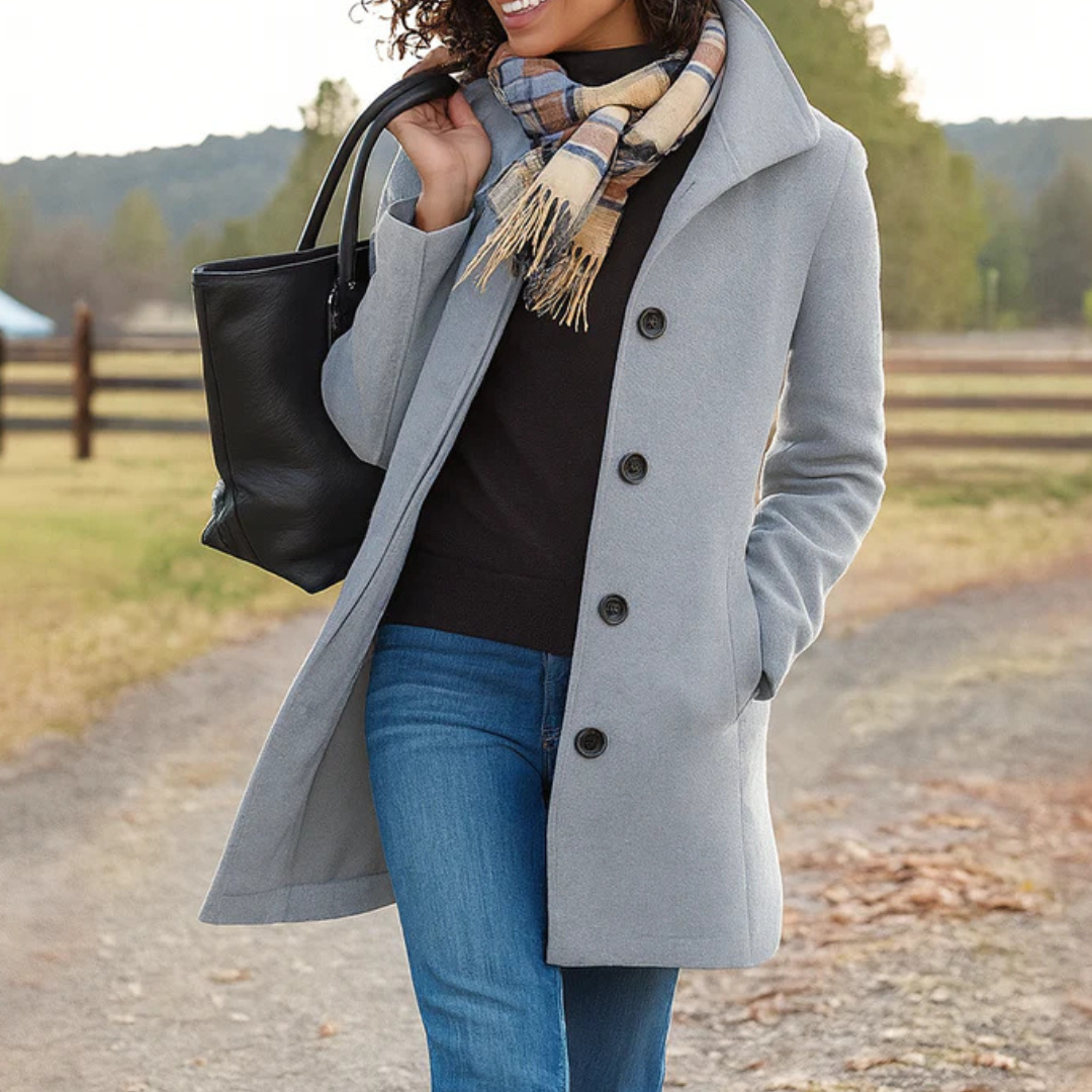 Silver - A woman walking outdoors wearing a camel-coloured, mid-length textured coat with a stand collar and single-breasted button closure, styled with blue jeans and a scarf.
