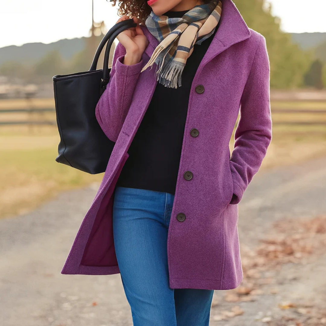 Purple - A woman walking outdoors wearing a camel-coloured, mid-length textured coat with a stand collar and single-breasted button closure, styled with blue jeans and a scarf.