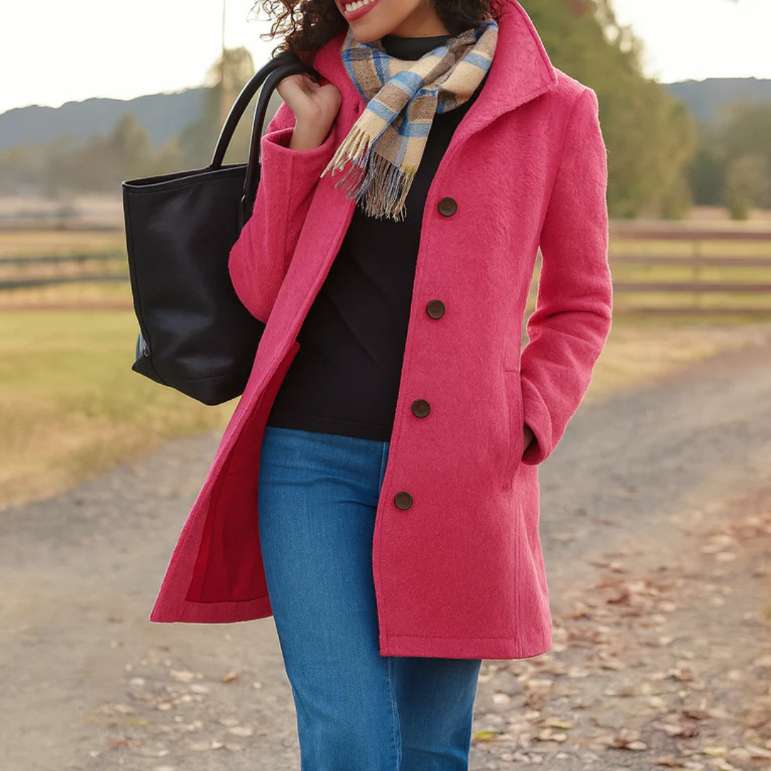 Pink - A woman walking outdoors wearing a camel-coloured, mid-length textured coat with a stand collar and single-breasted button closure, styled with blue jeans and a scarf.