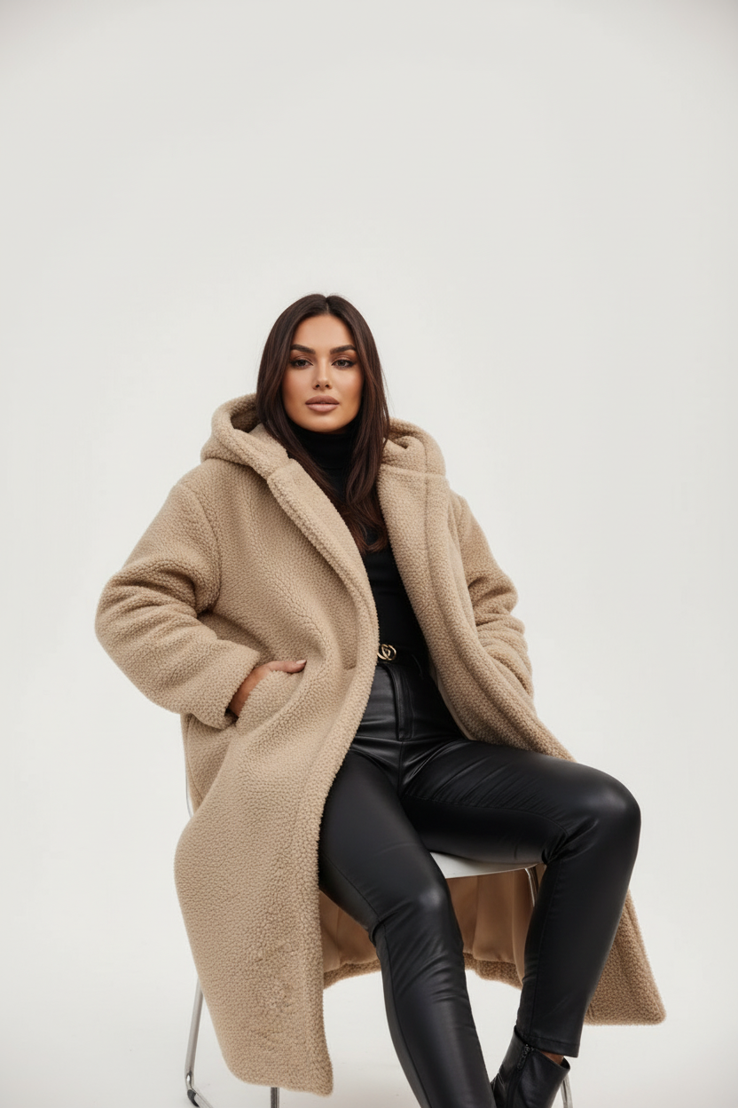 Beige - A woman wearing a mid-length olive green textured teddy coat with a large hood, styled over a black turtleneck sweater and black sunglasses against a plain white background.