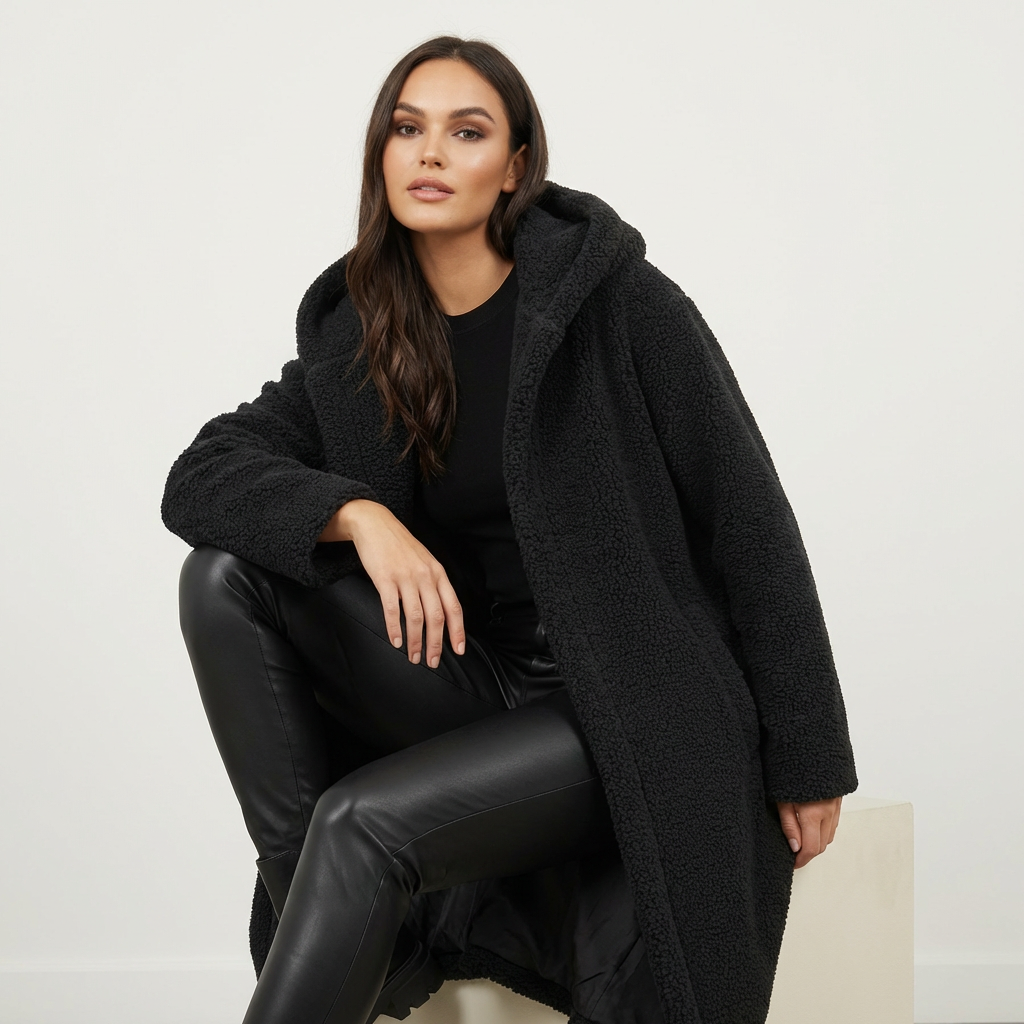 Black - A woman wearing a mid-length olive green textured teddy coat with a large hood, styled over a black turtleneck sweater and black sunglasses against a plain white background.