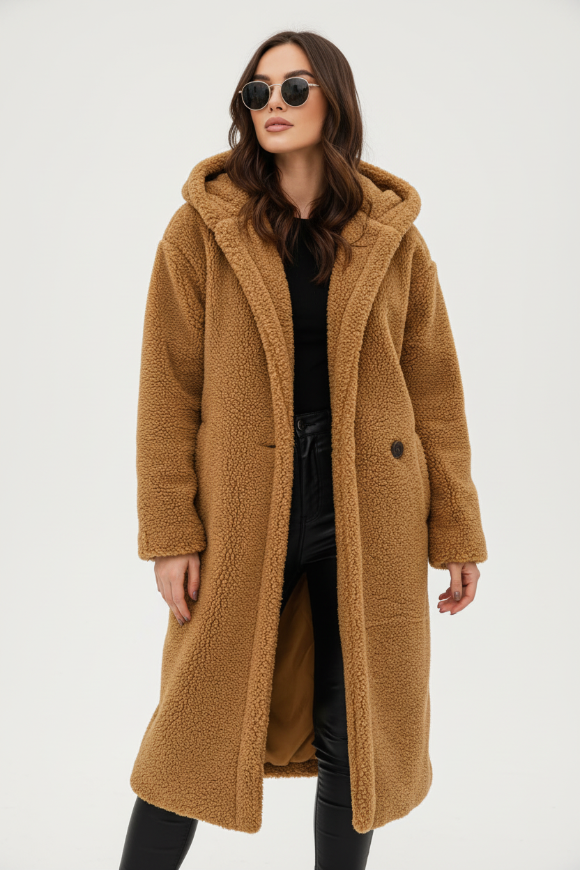 Camel - A woman wearing a mid-length olive green textured teddy coat with a large hood, styled over a black turtleneck sweater and black sunglasses against a plain white background.
