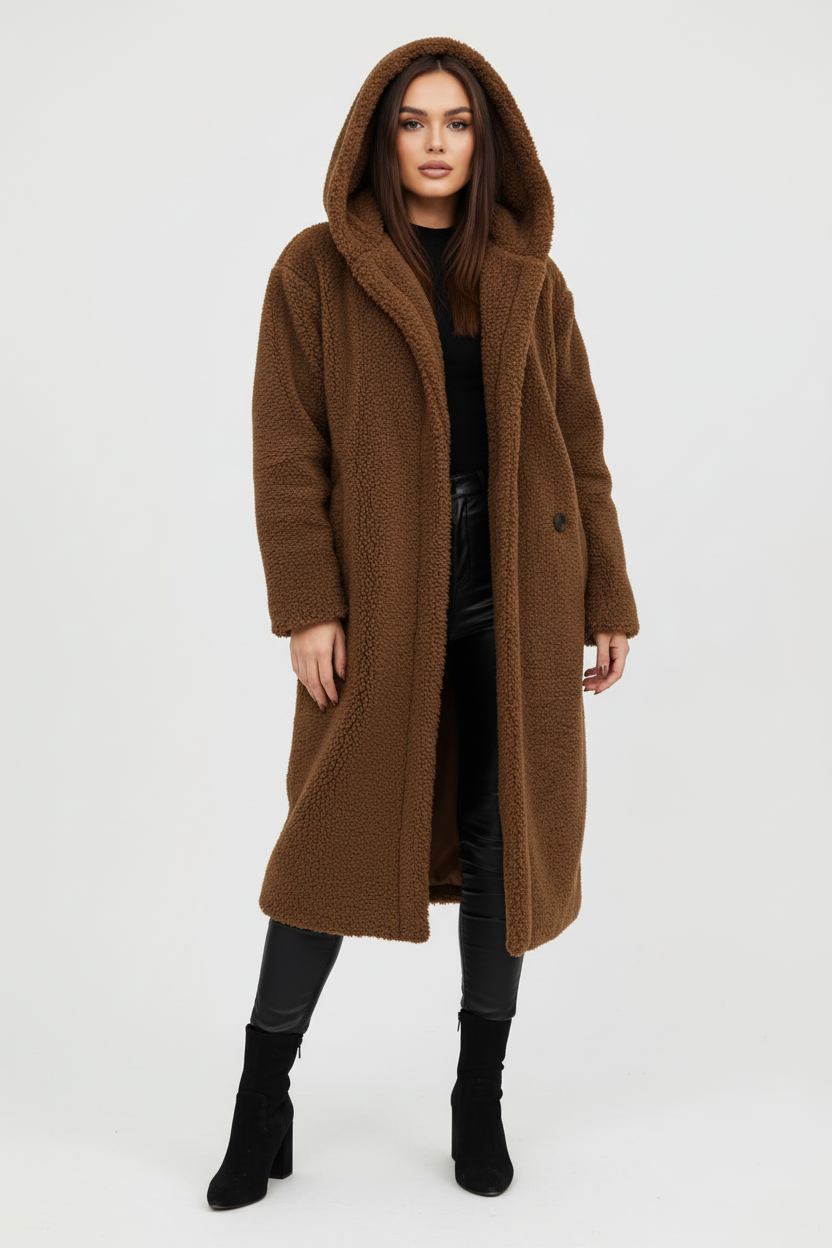 Brown - A woman wearing a mid-length olive green textured teddy coat with a large hood, styled over a black turtleneck sweater and black sunglasses against a plain white background.
